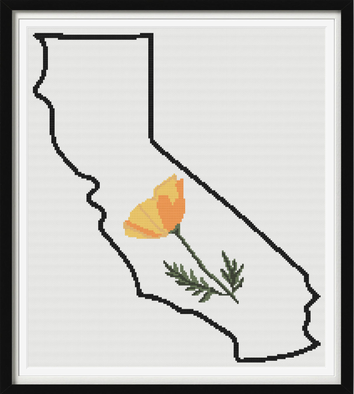 California & California Poppy Outline Map Black Cross Stitch Pattern