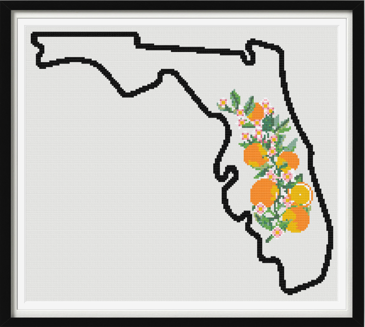 Florida & Orange Blossom Outline Map Black Cross Stitch Pattern