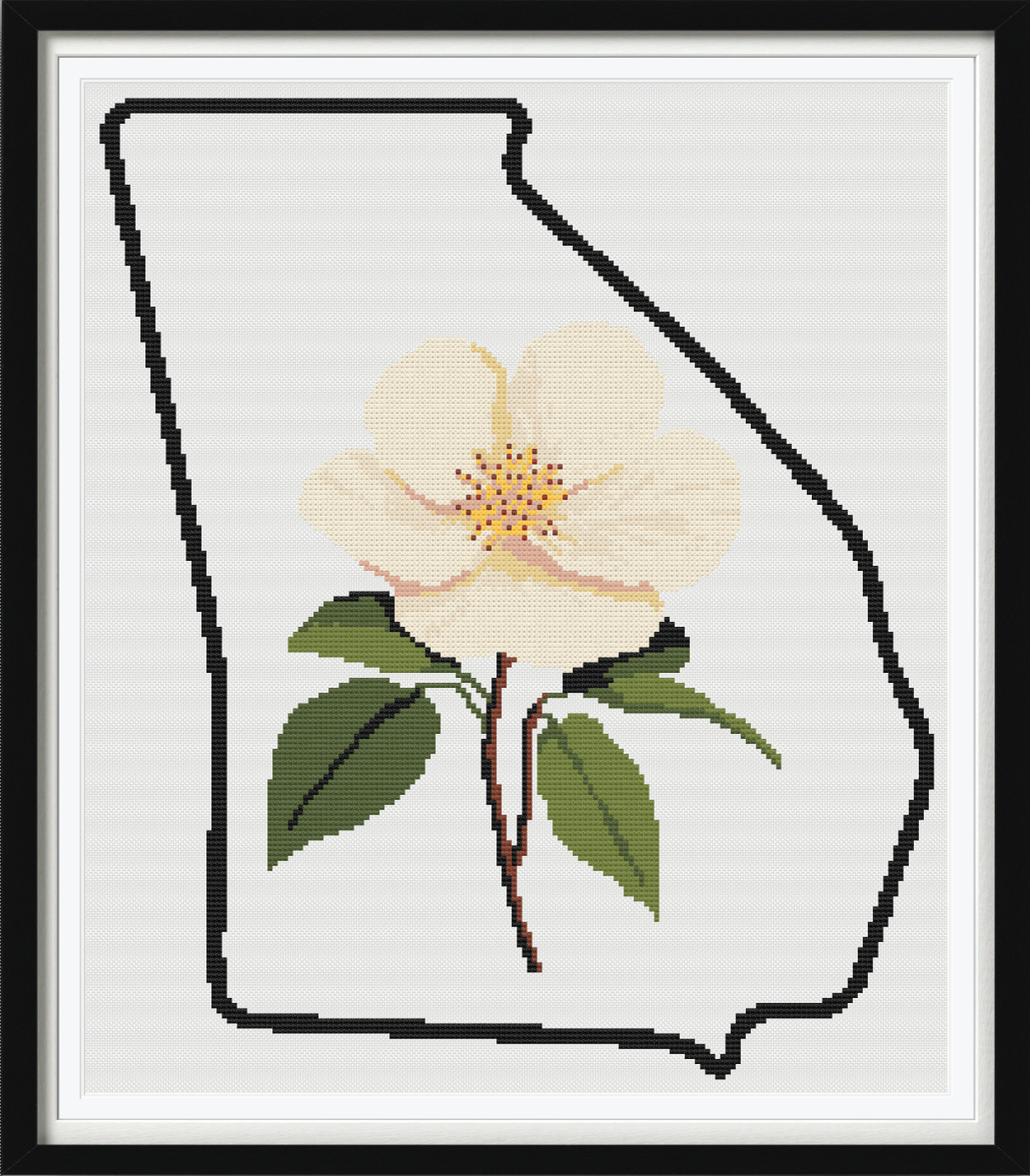 Georgia & Cherokee Rose Outline Map Black Cross Stitch Pattern