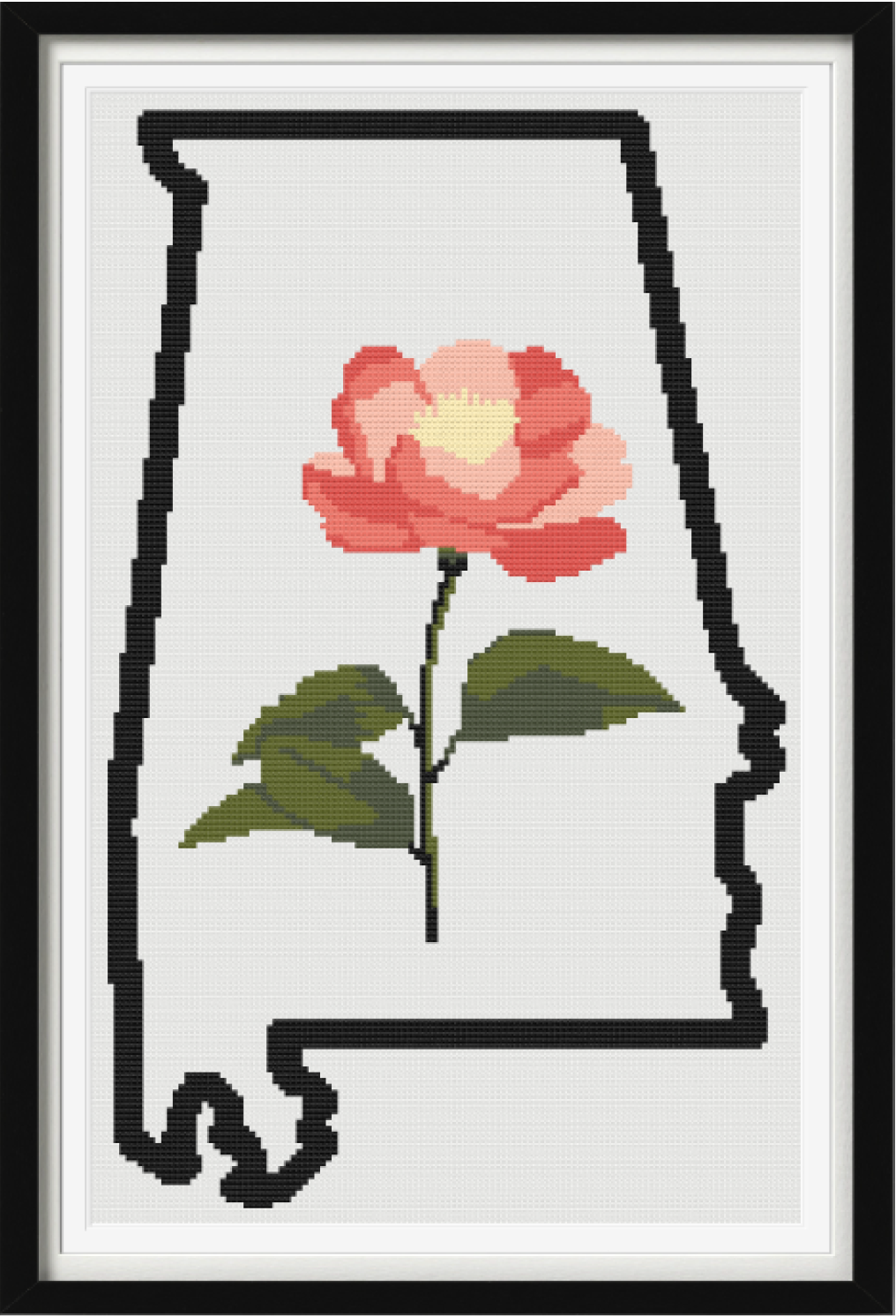 Alabama & Camellia Outline Map Black Cross Stitch Pattern