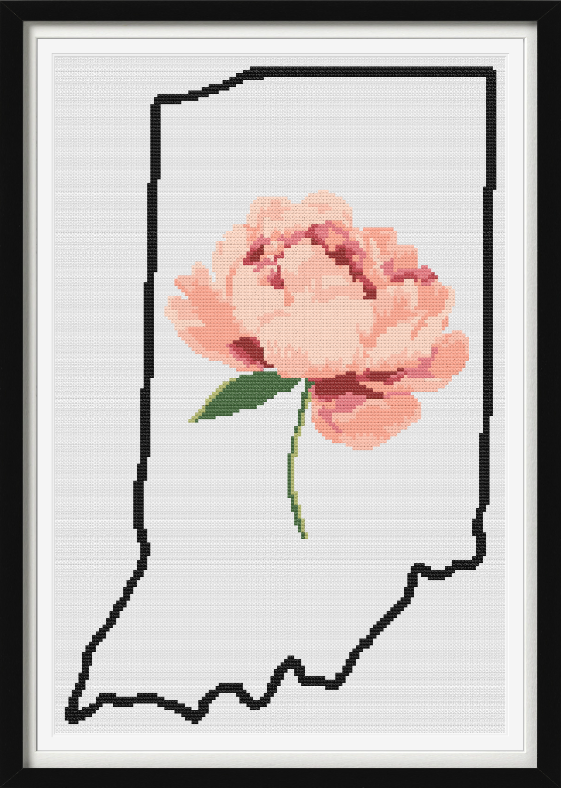 Indiana & Peony Outline Map Black Cross Stitch Pattern