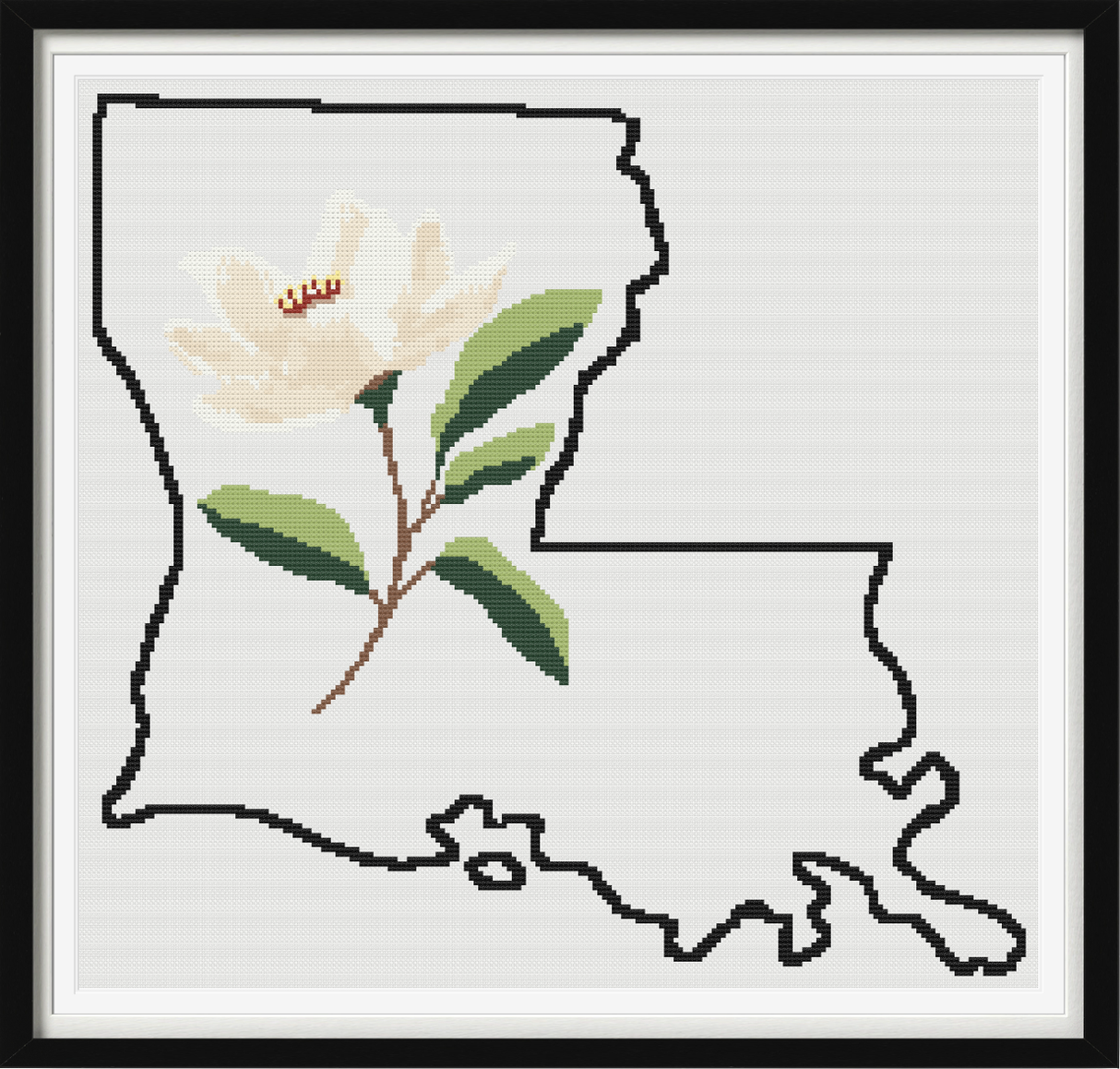Louisiana & Magnolia Outline Map Black Cross Stitch Pattern