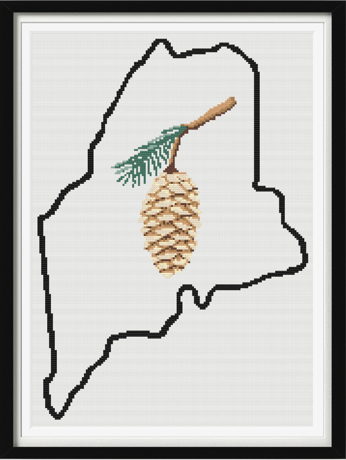 Maine & White Pine Cone and Tassel Outline Map Black Cross Stitch Pattern