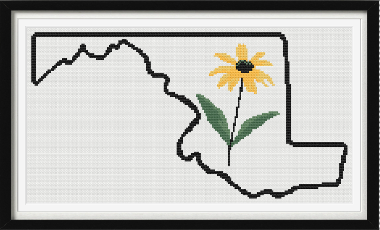 Maryland & Black-eyed Susan Outline Map Black Cross Stitch Pattern