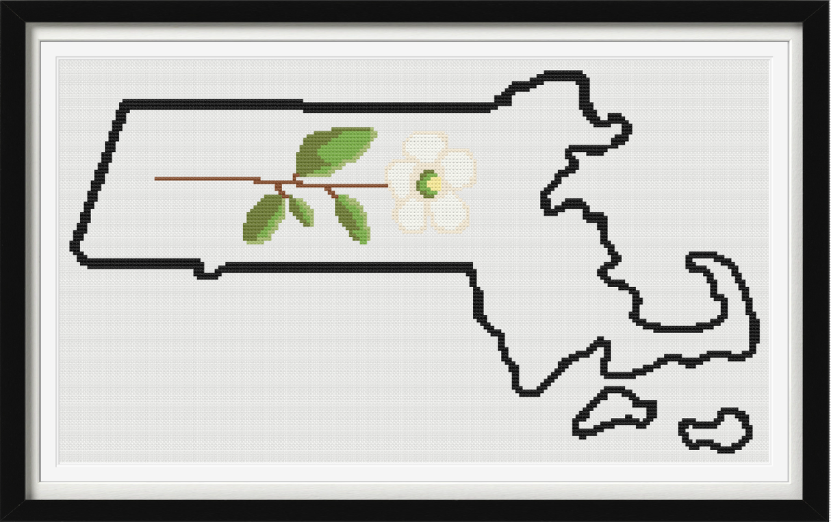 Massachusetts & Mayflower Outline Map Black Cross Stitch Pattern