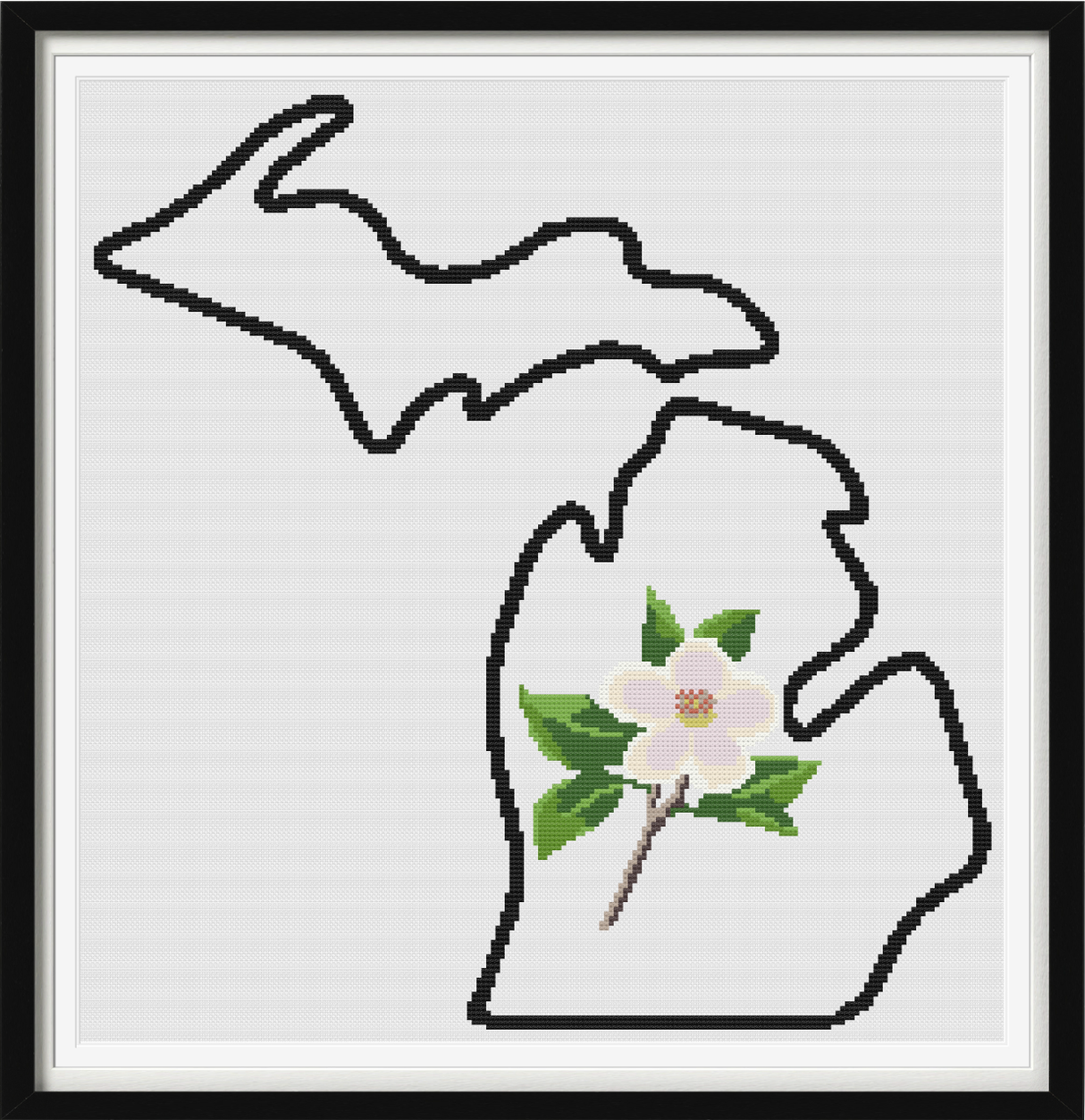 Michigan & Apple Blossom Outline Map Black Cross Stitch Pattern