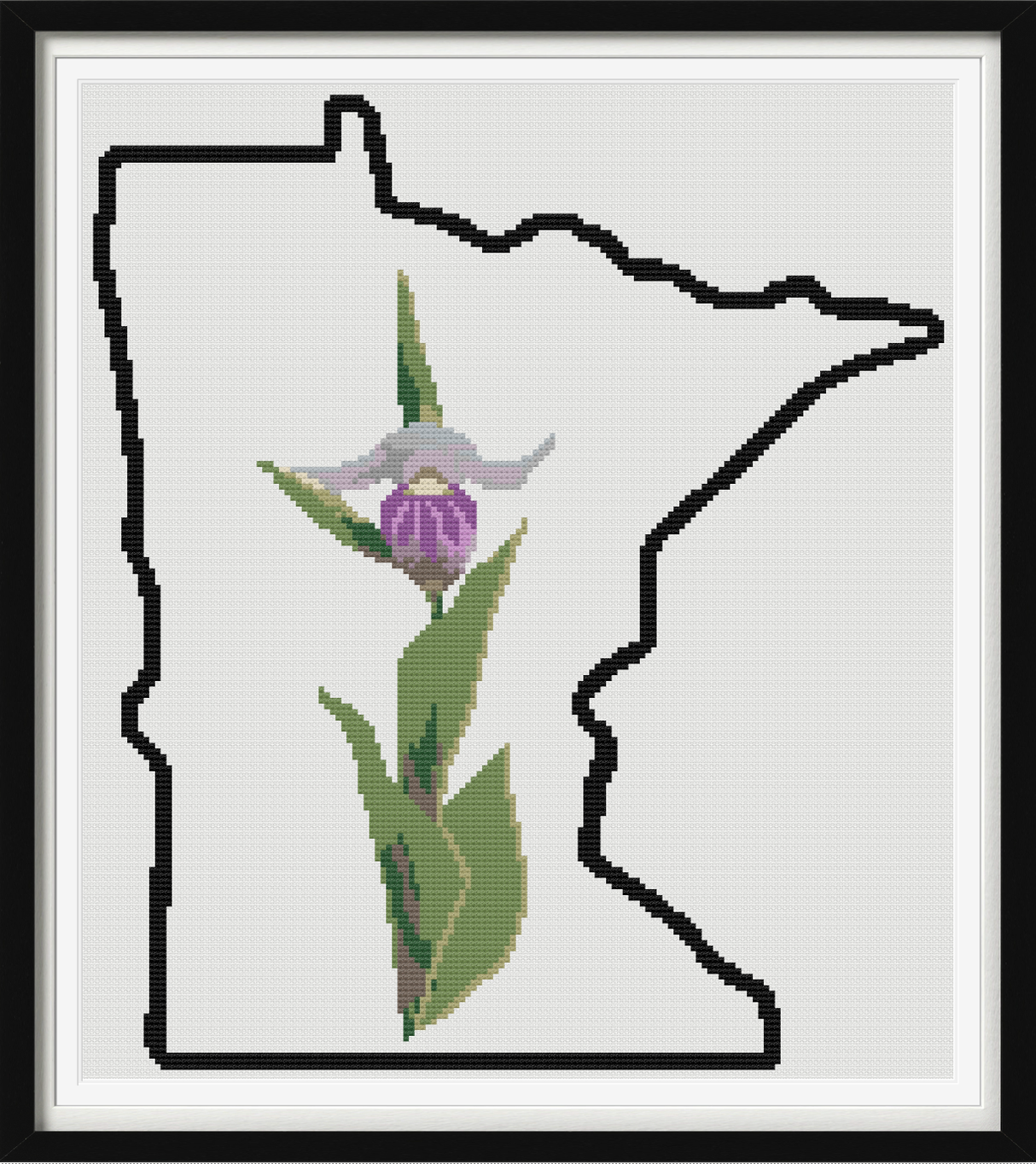Minnesota & Showy Lady Slipper Outline Map Black Cross Stitch Pattern