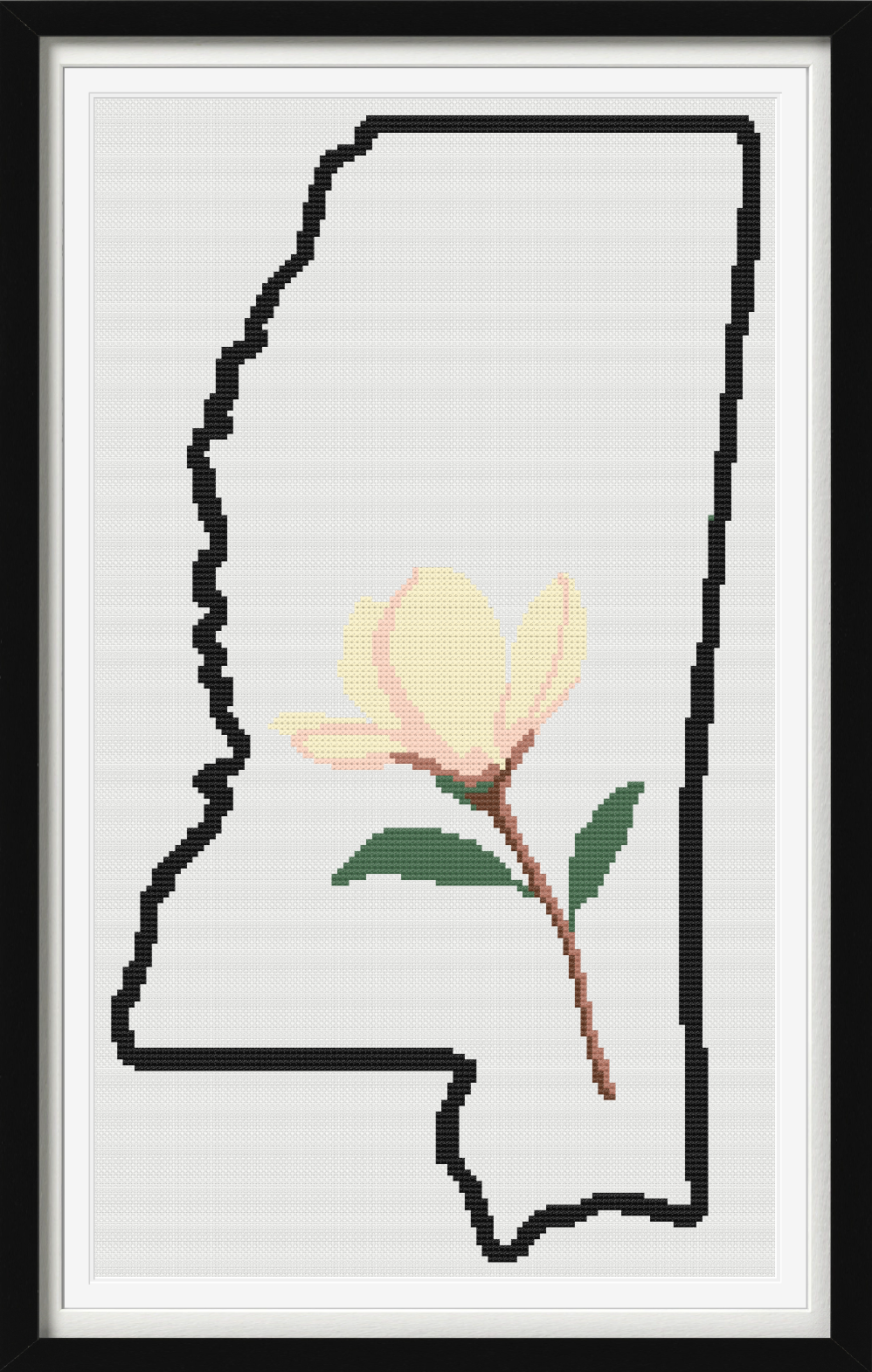 Mississippi & Magnolia Outline Map Black Cross Stitch Pattern