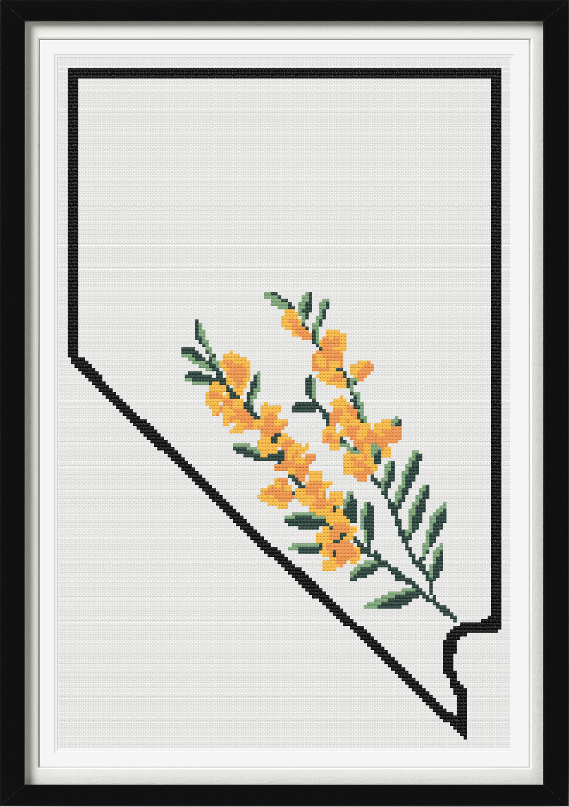 Nevada & Sagebrush Outline Map Black Cross Stitch Pattern