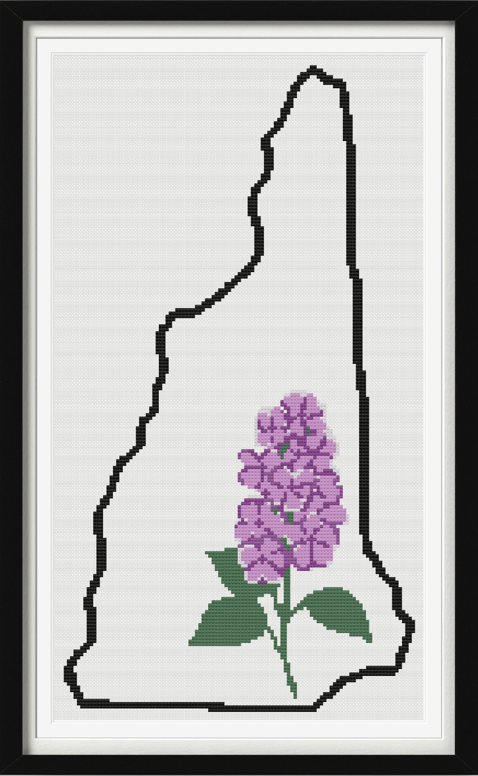 New Hampshire & Purple Lilac Outline Map Black Cross Stitch Pattern