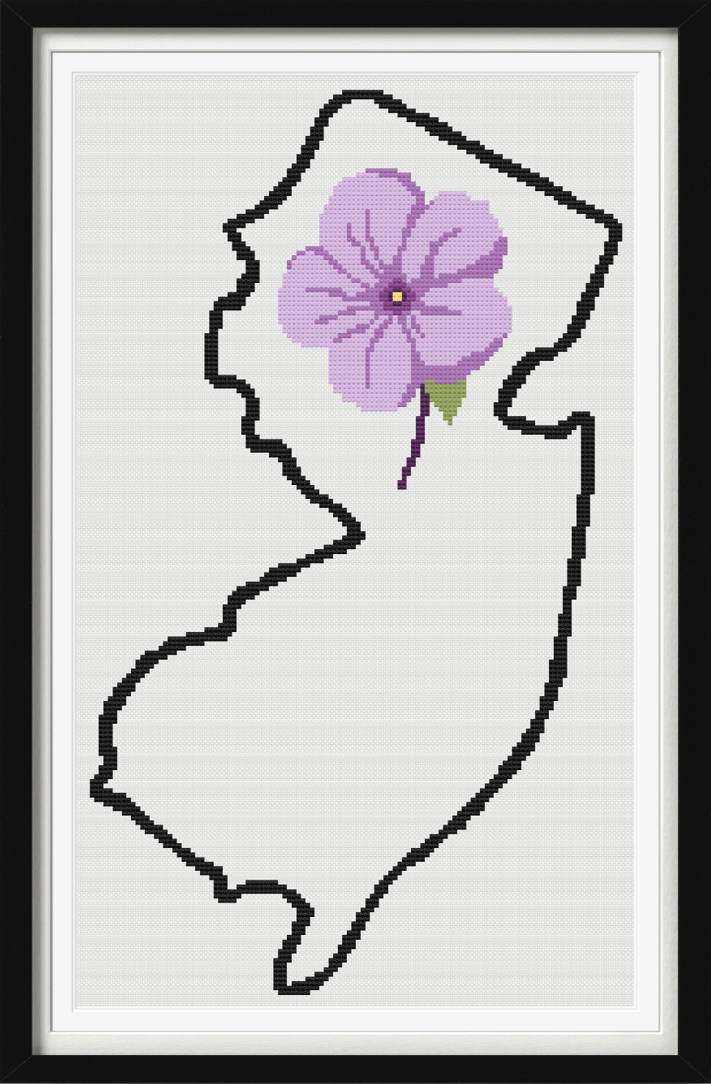 New Jersey & Violet Outline Map Black Cross Stitch Pattern