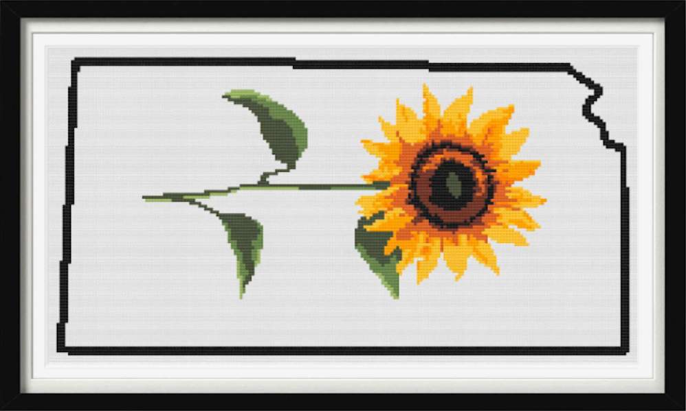Kansas & Sunflower Outline Map Black Cross Stitch Pattern