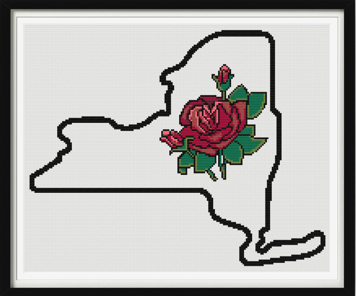 New York & Wild Rose Outline Map Black Cross Stitch Pattern