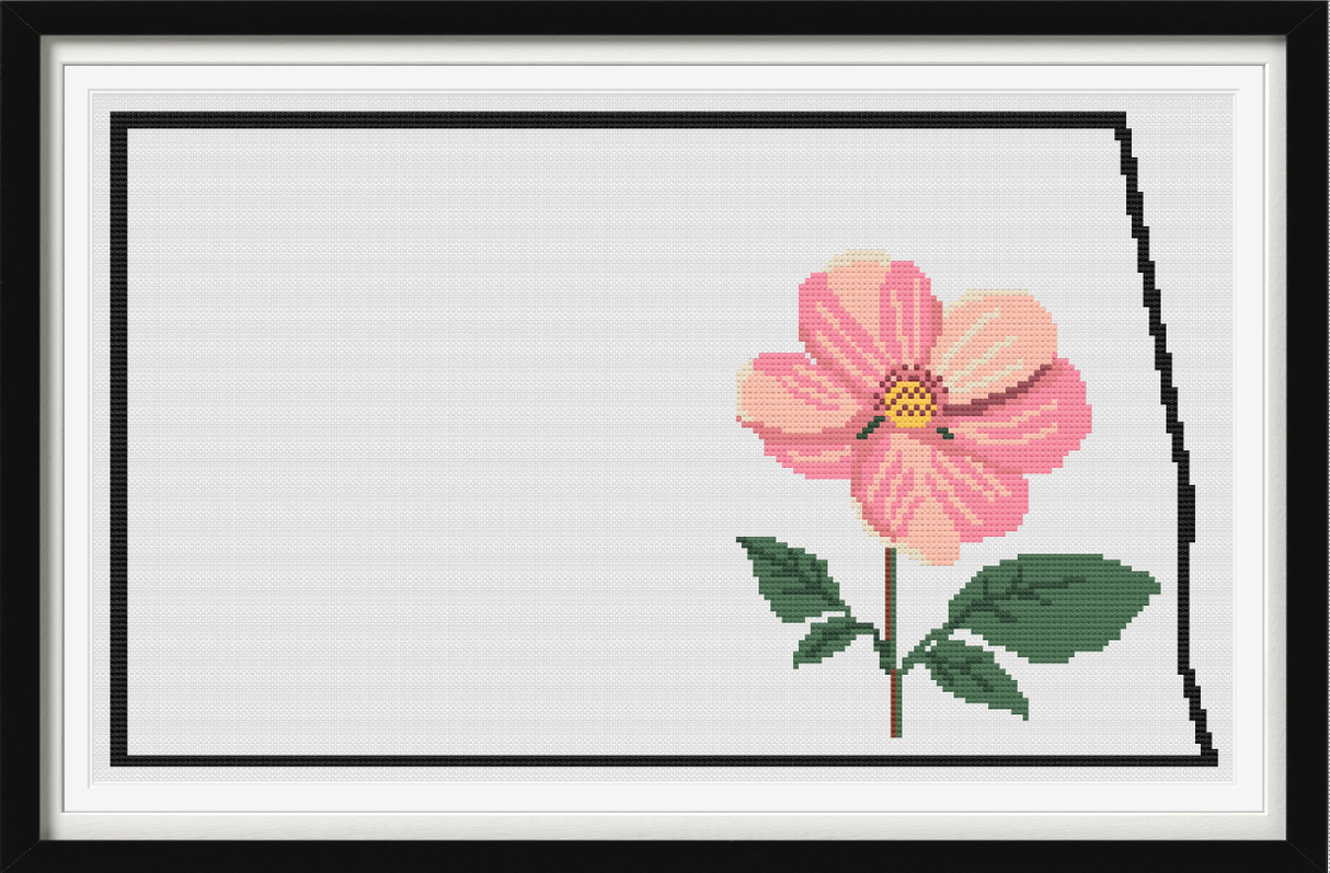 North Dakota & Wild Prairie Rose Outline Map Black Cross Stitch Pattern