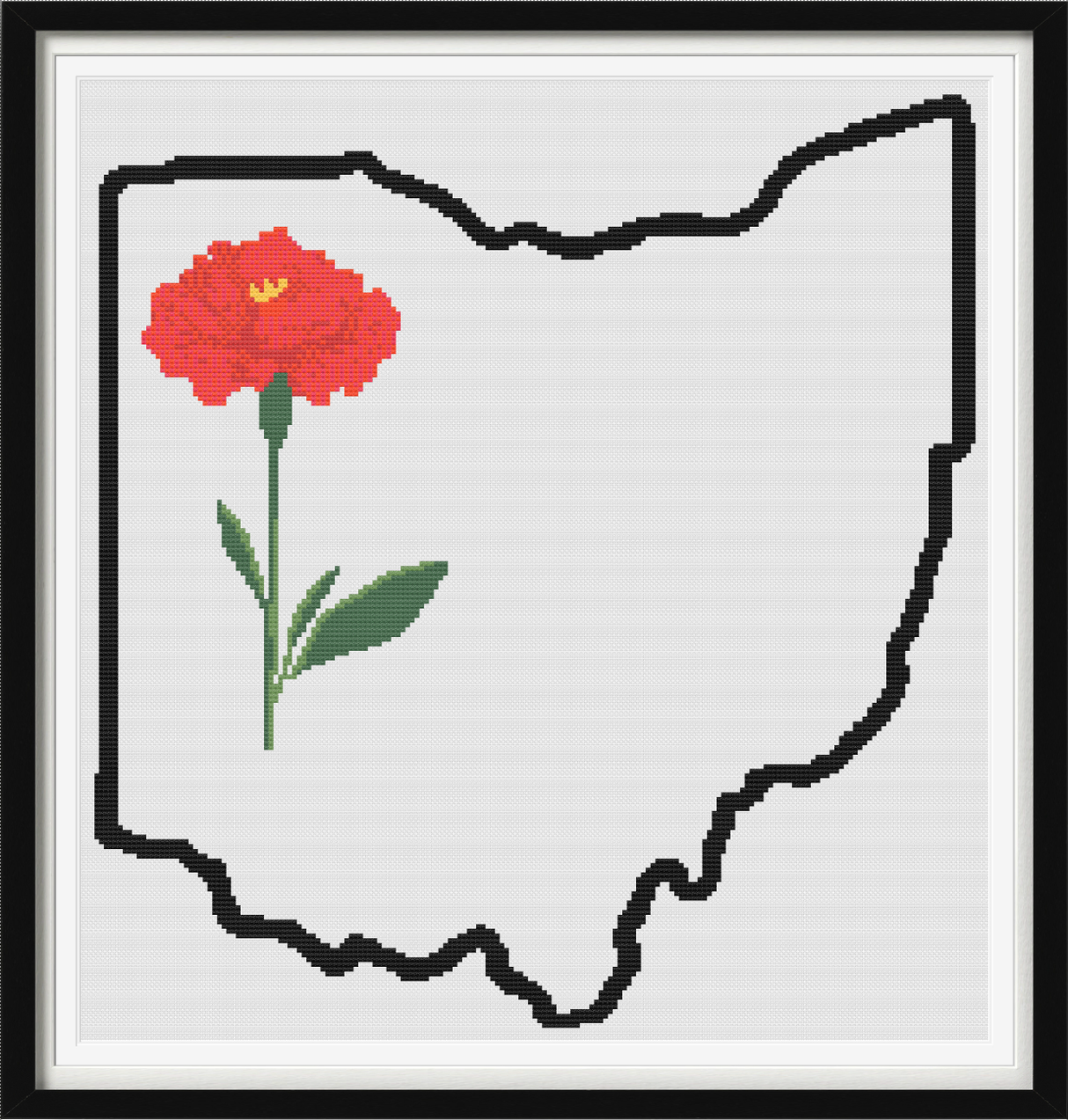 Ohio & Scarlet Carnation Outline Map Black Cross Stitch Pattern