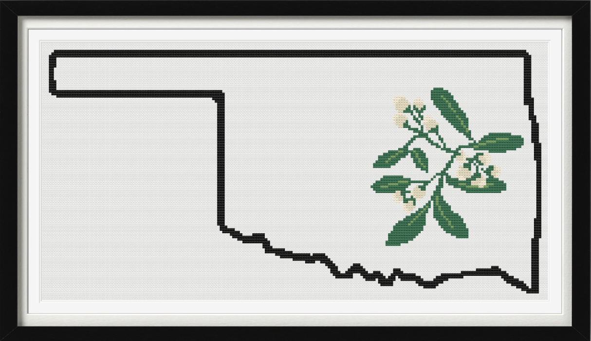 Oklahoma & Mistletoe Outline Map Black Cross Stitch Pattern