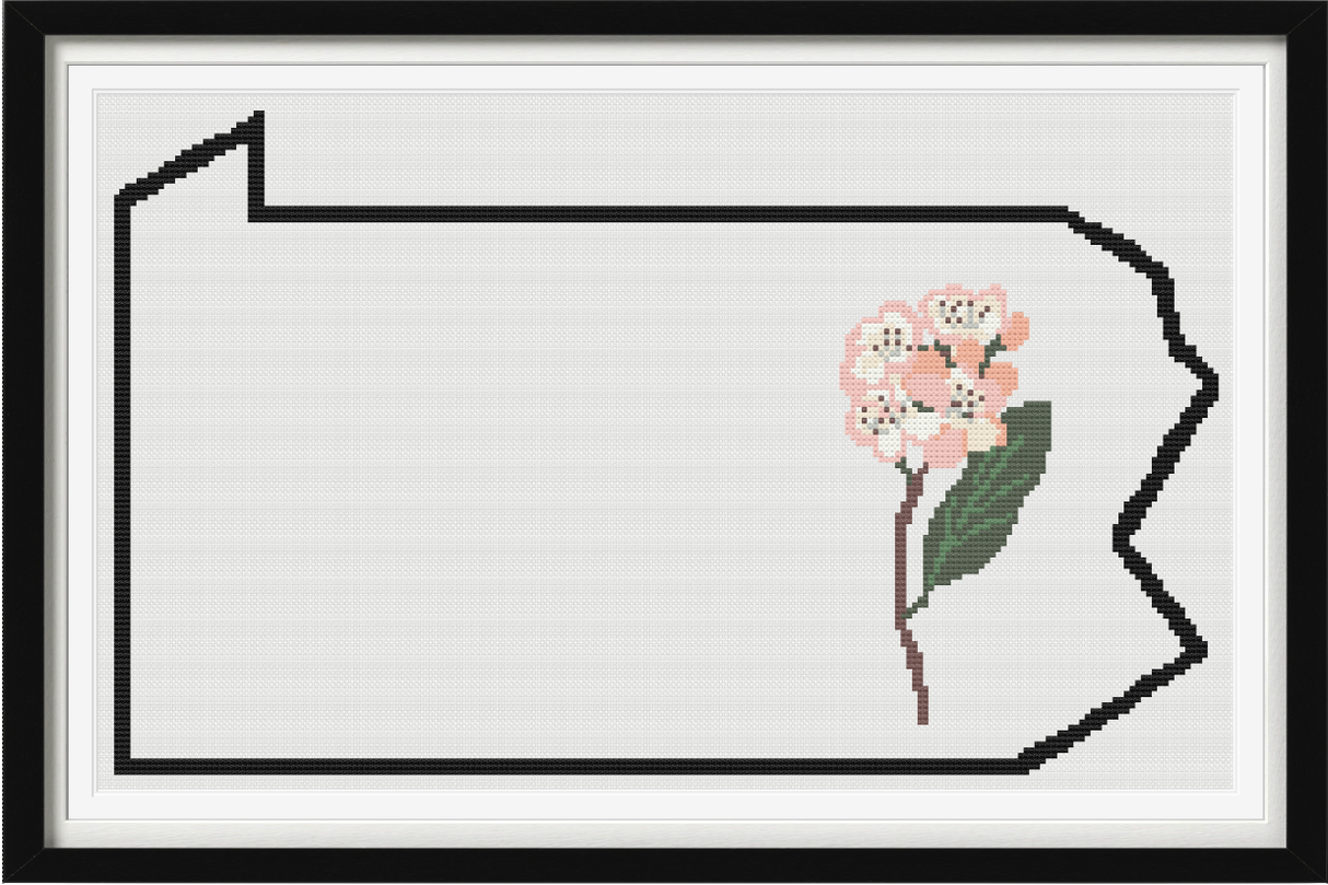 Pennsylvania & Mountain Laurel Outline Map Black Cross Stitch Pattern