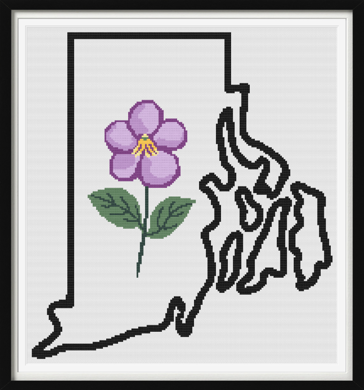 Rhode Island & Violet Outline Map Black Cross Stitch Pattern