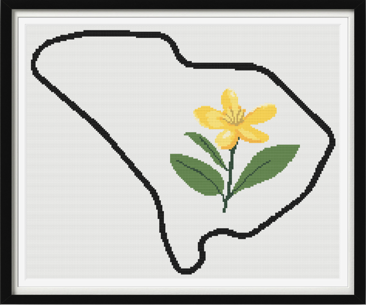 South Carolina & Yellow Jessamine Outline Map Black Cross Stitch Pattern