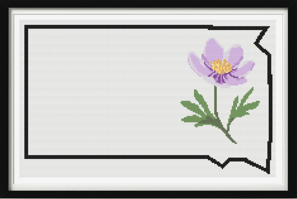 South Dakota & Pasque Flower Outline Map Black Cross Stitch Pattern