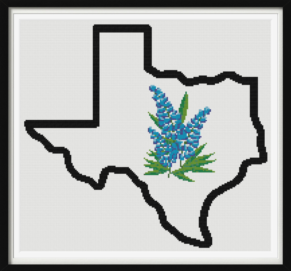 Texas & Bluebonnet Outline Map Black Cross Stitch Pattern