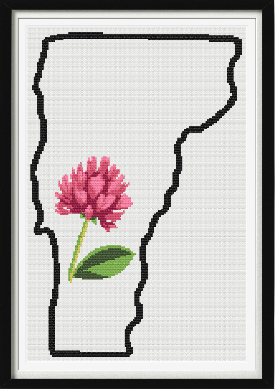 Vermont & Red Clover Outline Map Black Cross Stitch Pattern