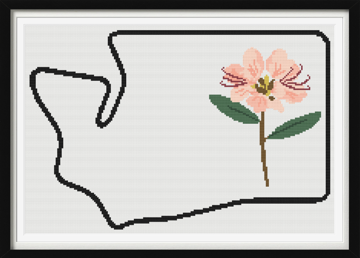 Washington & Coast Rhododendron Outline Map Black Cross Stitch Pattern