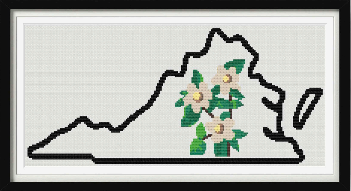 Virginia & Flowering Dogwood Outline Map Black Cross Stitch Pattern
