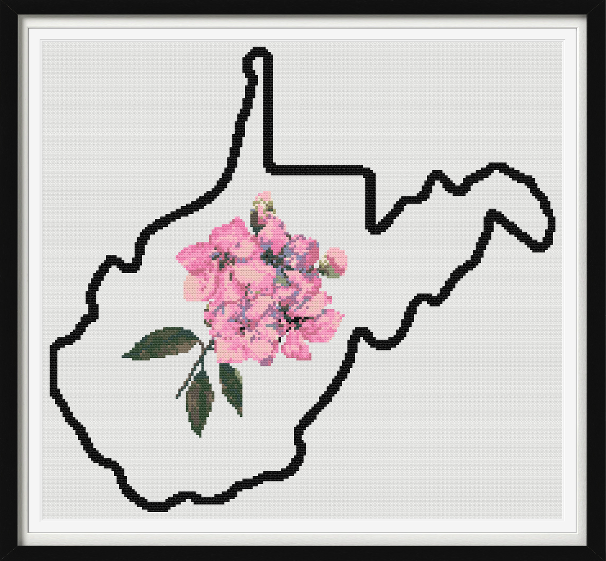 West Virginia & Rhododendron Outline Map Black Cross Stitch Pattern
