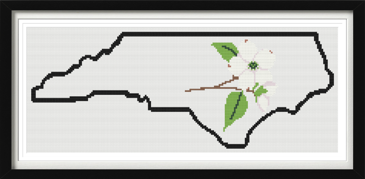 North Carolina & Flowering Dogwood Outline Map Black Cross Stitch Pattern