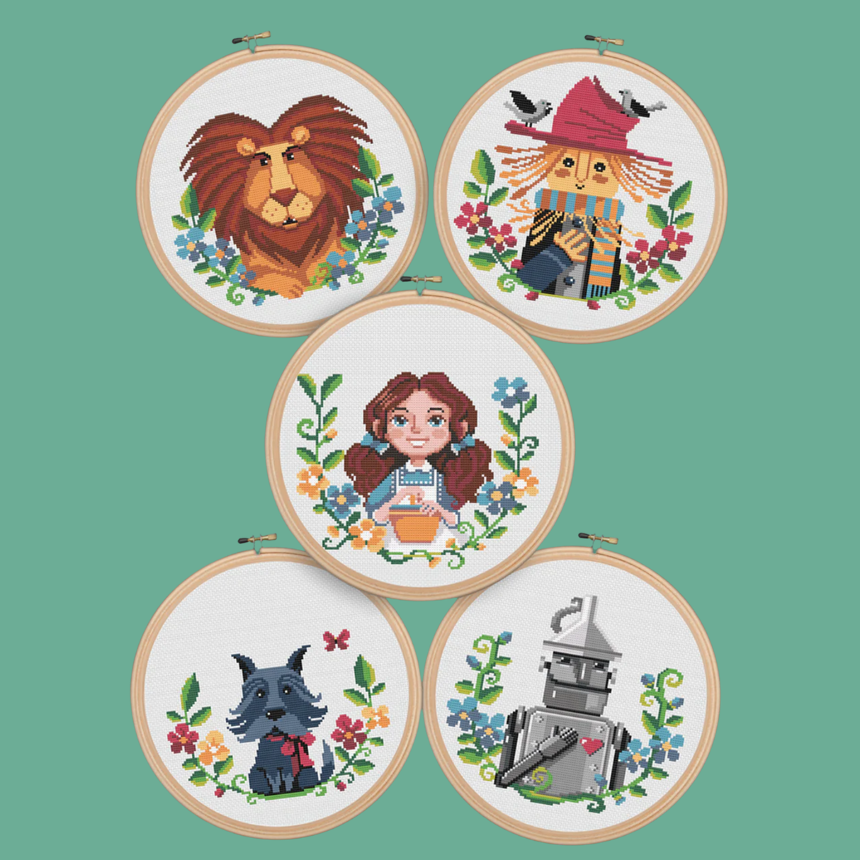 The Wizard of Oz Bundle: Dorothy, Toto, the Scarecrow, the Lion, and the Tin Man (L. Frank Baum) 5 Cross Stitch Patterns