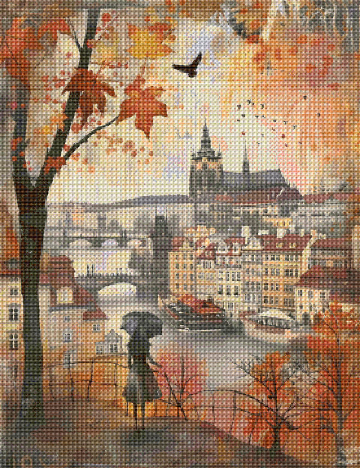 Autumn Stroll in the Old City Cross Stitch Pattern