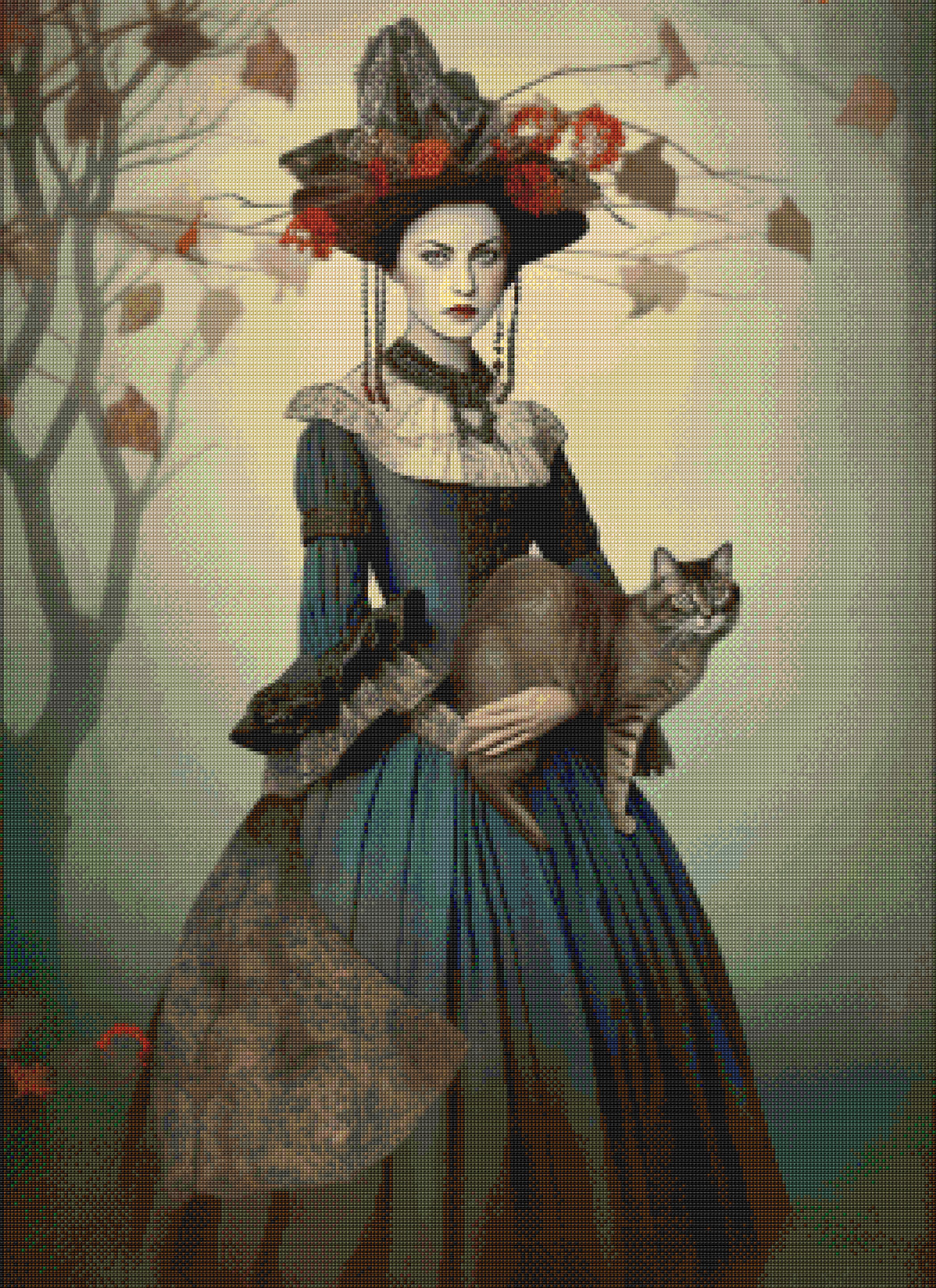 Autumn Witch with Cat Cross Stitch Pattern