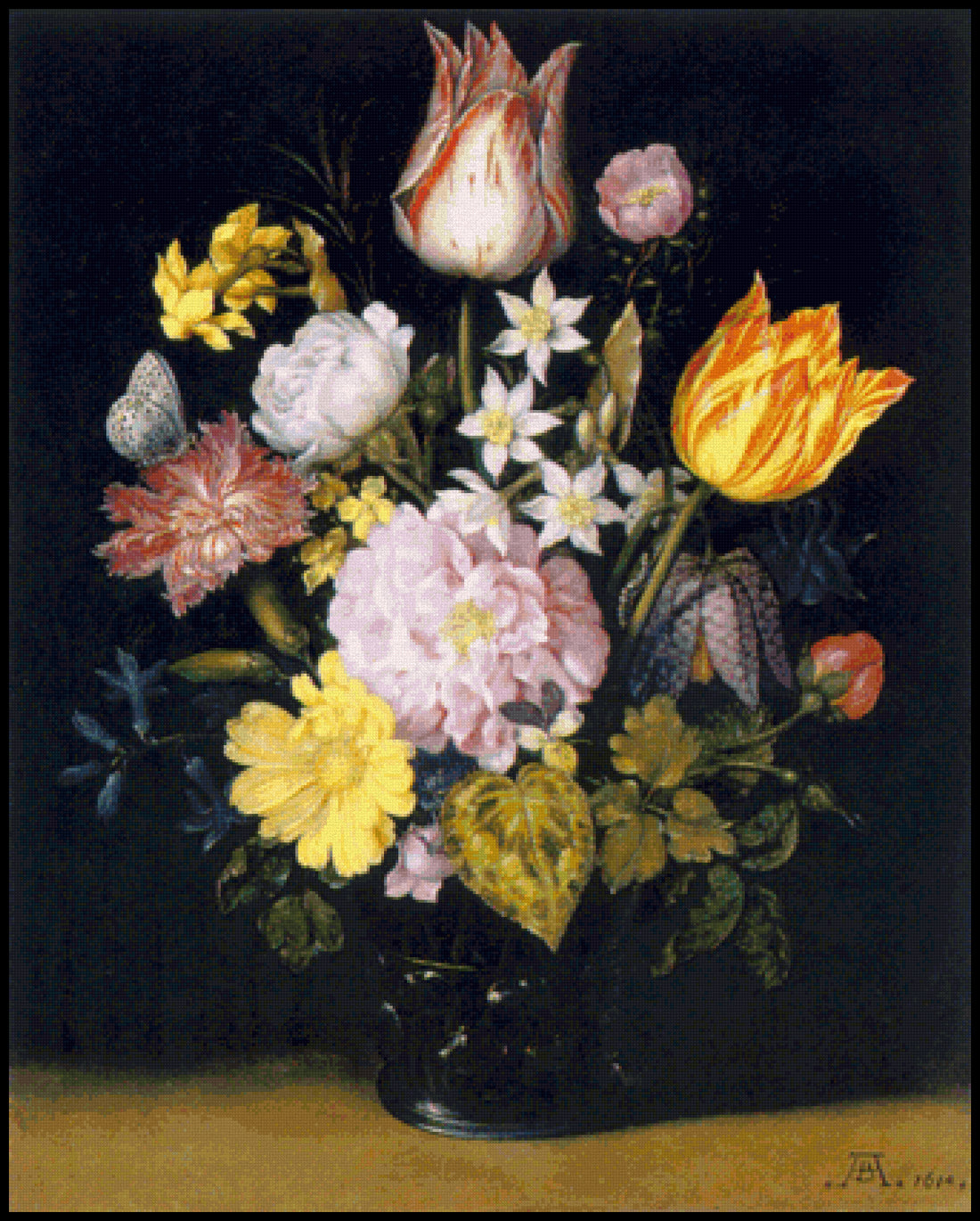 Flowers in a Glass Vase (without fly) - Ambrosius Bosschaert Cross Stitch Pattern