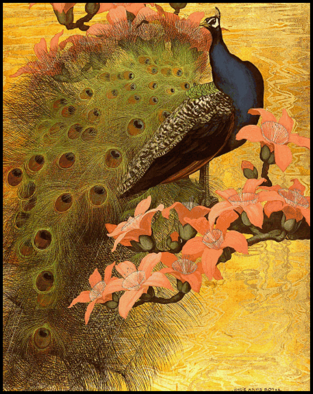 Blue Peacock - Jessie Arms Botke Cross Stitch Pattern