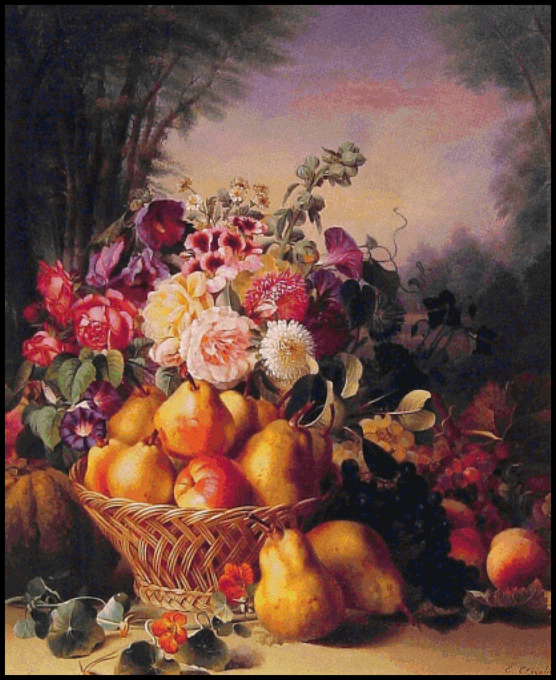 Still Life of Flowers and Fruits I - Eugene-Adolphe Chevalier Cross Stitch Pattern