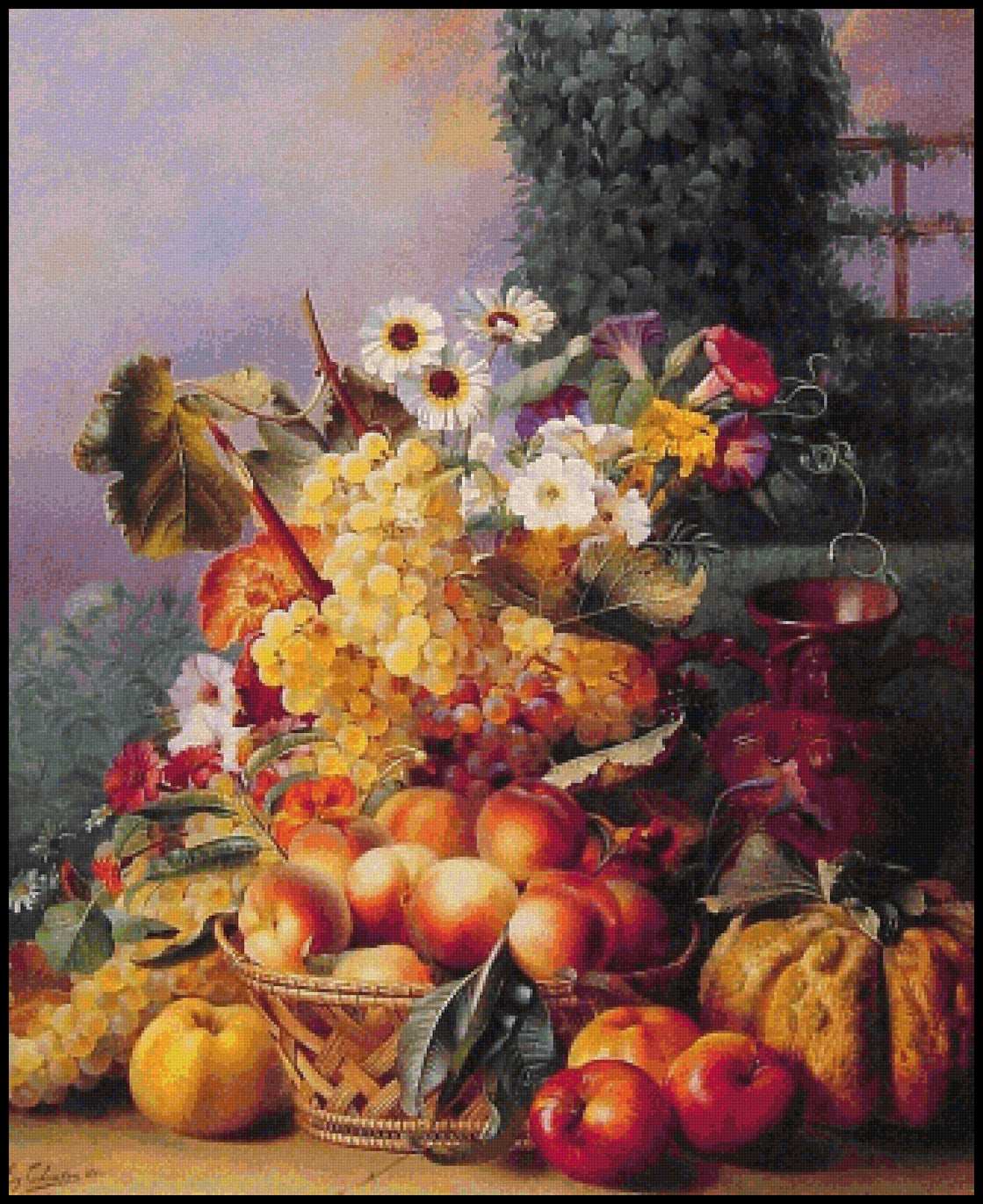 Still Life of Flowers and Fruits II (smaller) - Eugene-Adolphe Chevalier Cross Stitch Pattern