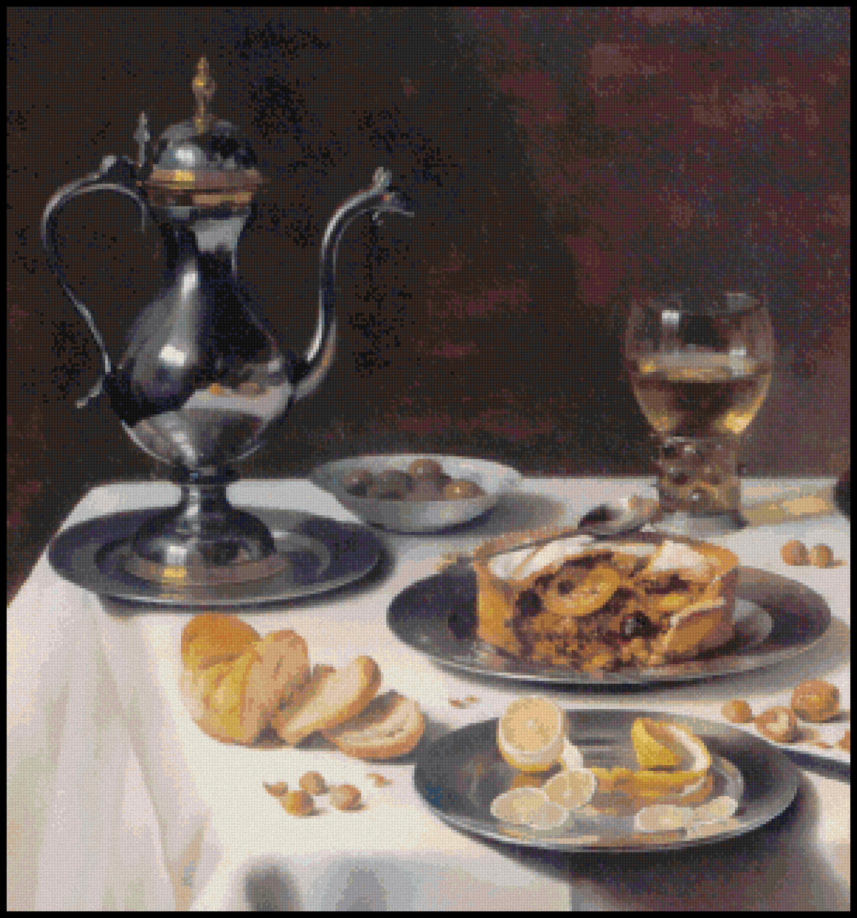 Still Life with Turkey Pie (detail) - Pieter Claesz Cross Stitch Pattern
