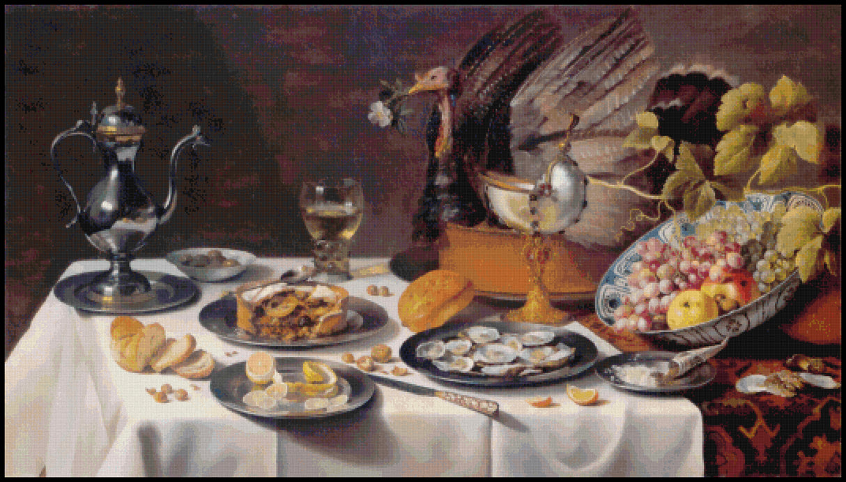 Still Life with Turkey Pie - Pieter Claesz Cross Stitch Pattern