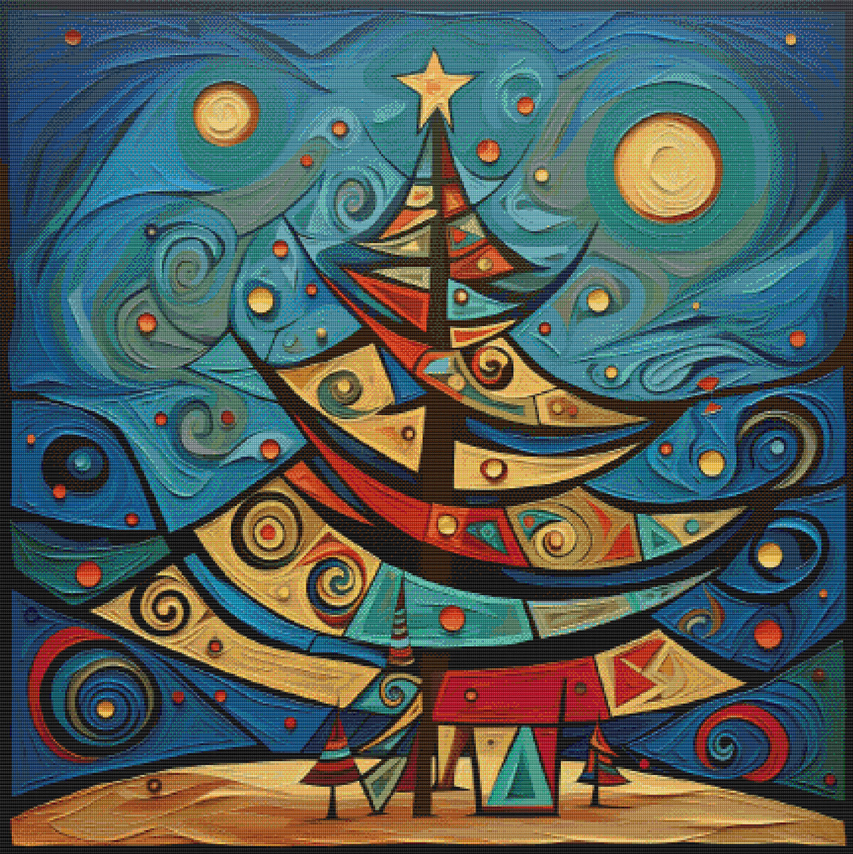 Cubist Starry Night Christmas Tree Cross Stitch Pattern