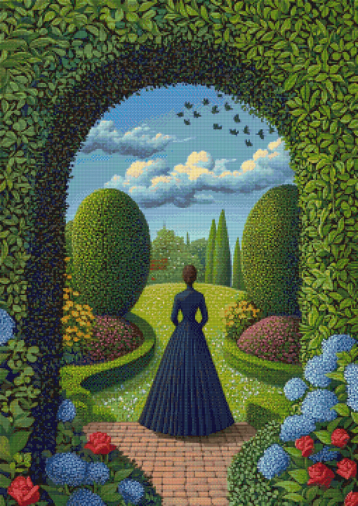 Elegant Woman in Secret Garden Cross Stitch Pattern