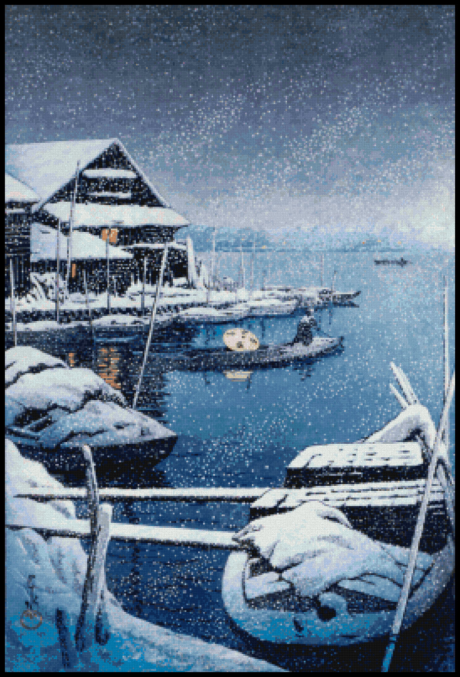 Snow at Mukajima Kawase Hasui Cross Stitch Pattern