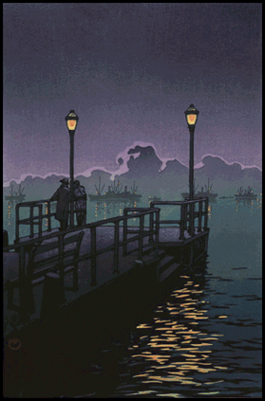 Harbor at Night Otaru Kawase Hasui Cross Stitch Pattern