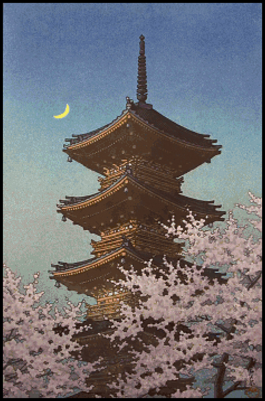 Evening Glow in Spring Toshogu Shrine Ueno Kawase Hasui Cross Stitch Pattern