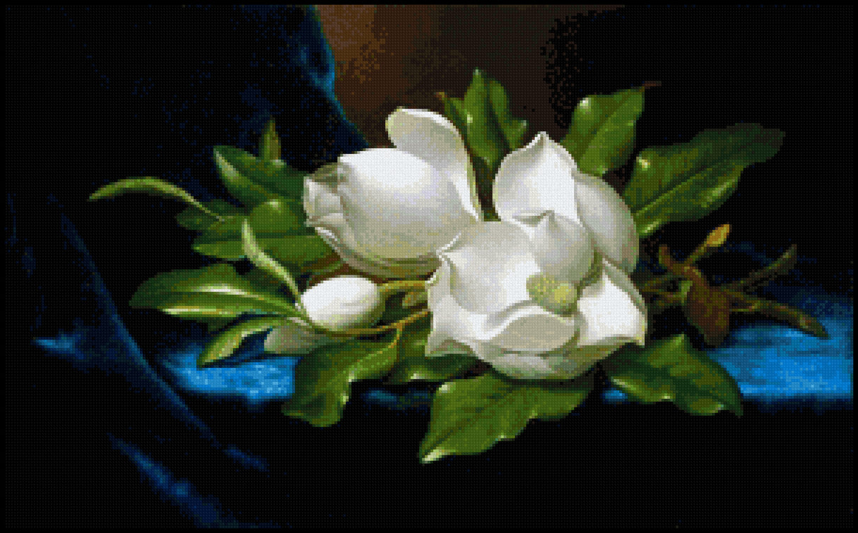 Giant Magnolias on a Blue Velvet Cloth Martin Johnson Heade Cross Stitch Pattern
