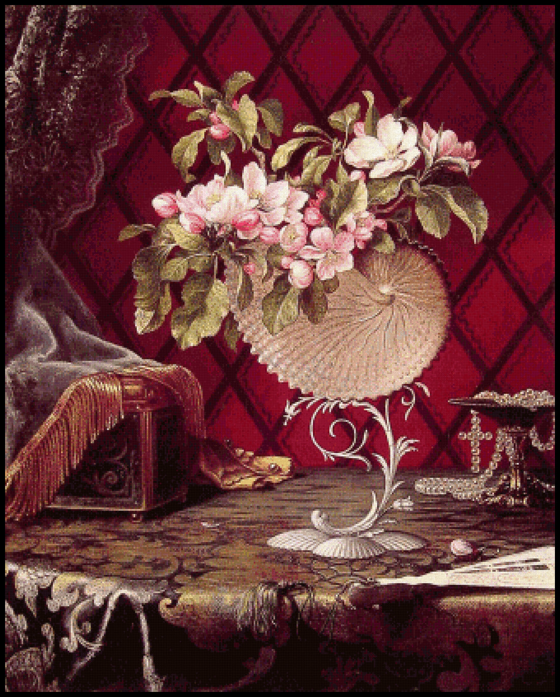 Still Life with Apple Blossoms in a Nautilus Shell Martin Johnson Heade Cross Stitch Pattern