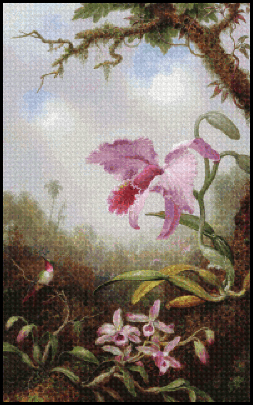 Hummingbird and Two Types of Orchids Martin Johnson Heade Cross Stitch Pattern