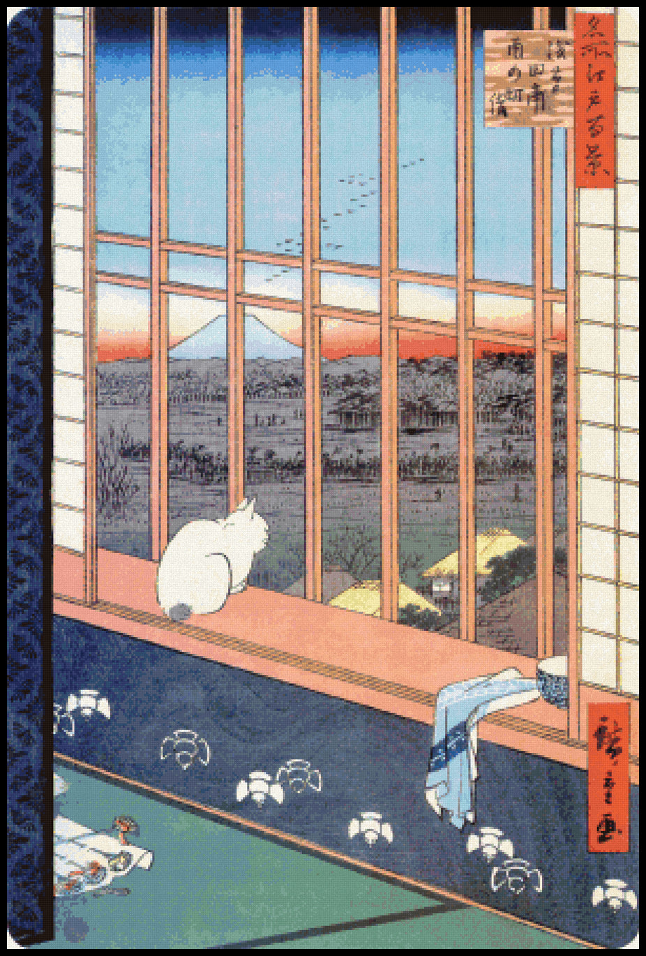 Cat in Window Ando Hiroshige Cross Stitch Pattern
