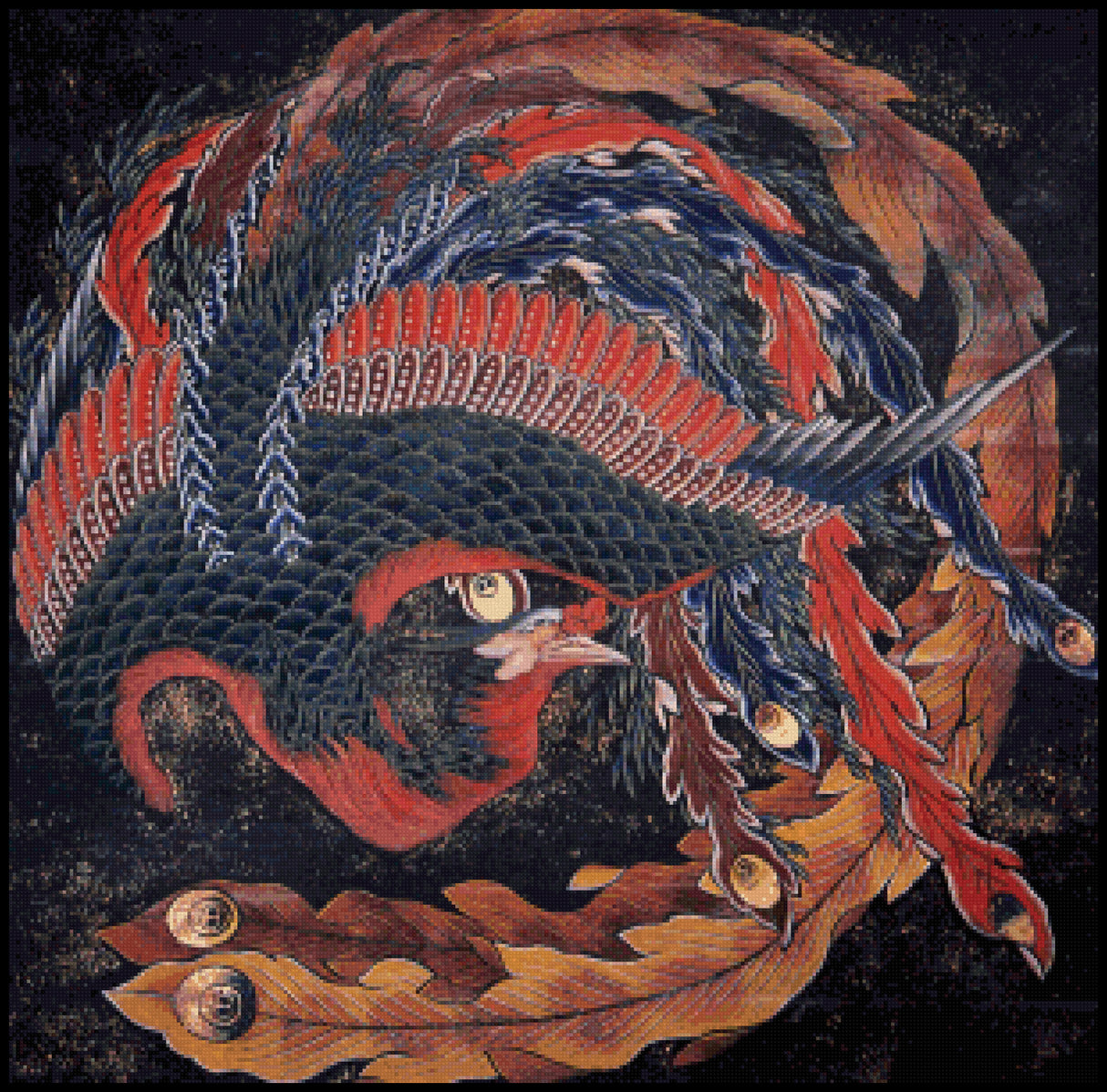 Phoenix Glaring in All Directions Hokusai Cross Stitch Pattern