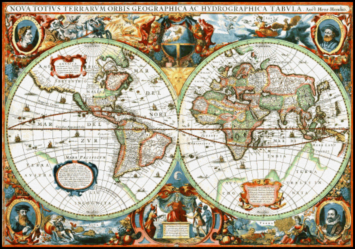 Nova Totius Terrarum Orbis Geographica Ac Hydrographica Tabula Hendrik Hondius Cross Stitch Pattern
